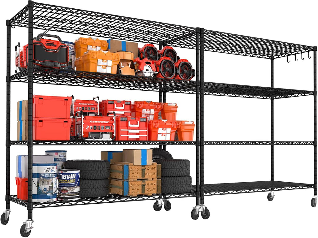 PrimeZone 2 Packs 55.5' W x 24' D x 80' H Heavy Duty Wire Storage Shelves with Wheels, 4 Tier Adjustable NSF Commercial Garage Shelving Unit, Rolling Metal Organizer Shelf Rack for Warehouse, Pantry