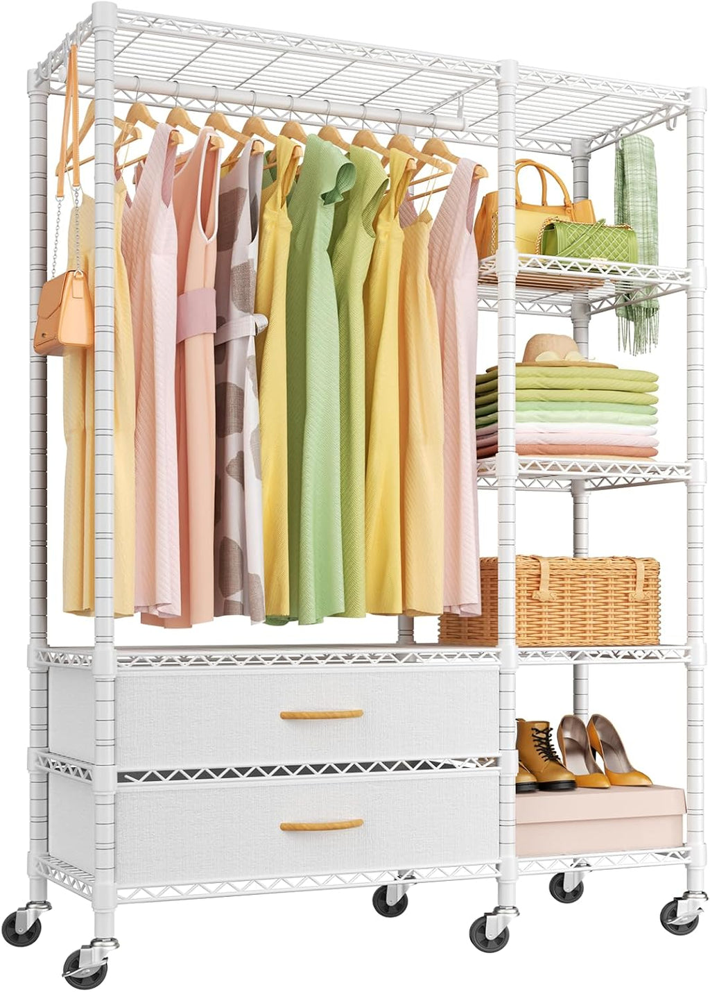 Ulif F3R Heavy Duty Clothes Rack（With Lockable Wheels）Freestanding Clothing Racks for Hanging Clothes，Adjustable Closet Organizer System，Portable Garment Rack 40'W x 15'D x 74'H，Max Load 700LBS，White