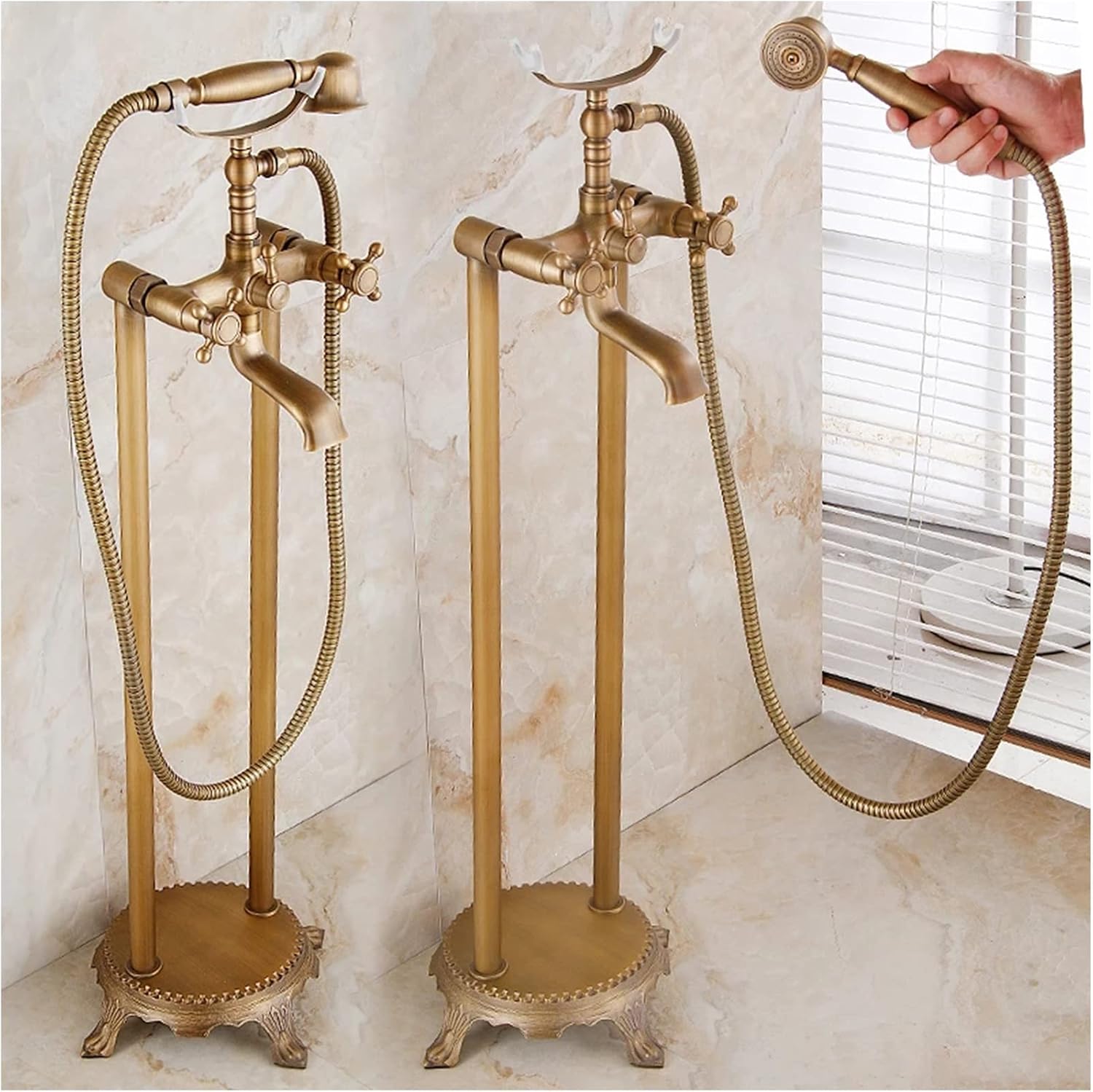 Floor Standing Bath Faucet, Brass Antique Freestanding Bath Filler with Single Handle Handheld Shower Faucet and High Flow Rotary Spout Mixer Faucet(Brass B)