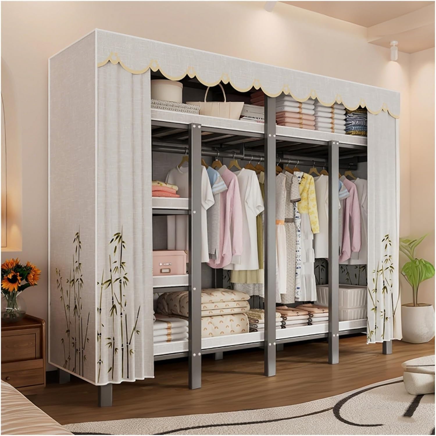 Foldable Wardrobe Closets With Cover Portable 500kg Heavy Duty Clothe Rack For Hanging Clothes Metal Garment Rack Freestanding Armoire Storage Garment Racks(C,168x170x50cm/66x67x20in)
