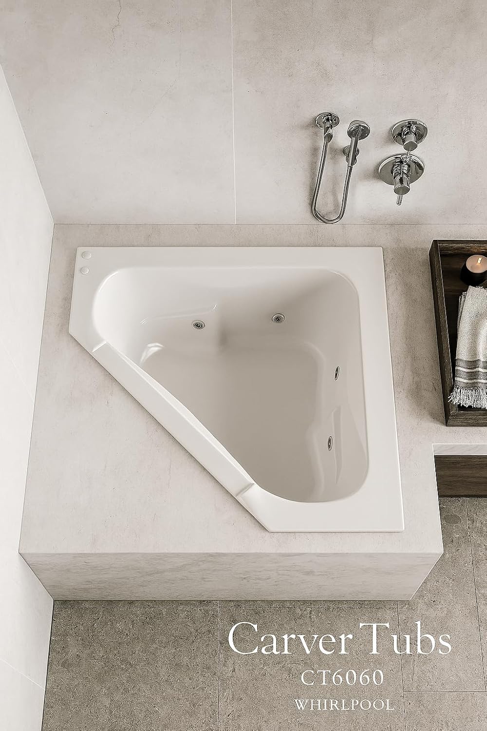 Carver Tubs - CT6060 - Modern Fiberglass Whirlpool Water Massage Bathtub, 6 Jets With Heater Builtin - White Triangular Corner Acrylic Two Person Tub - Deep Relaxing Soak - 60'L x 60'W x 19.5'H