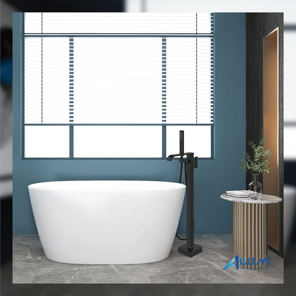 Aolemi Freestanding Bathtub Faucet Floor Mount Tub Filler with Handheld Spray Single Handle Free Standing Bathroom Faucets Swivel Curved Waterfall Spout Matte Black