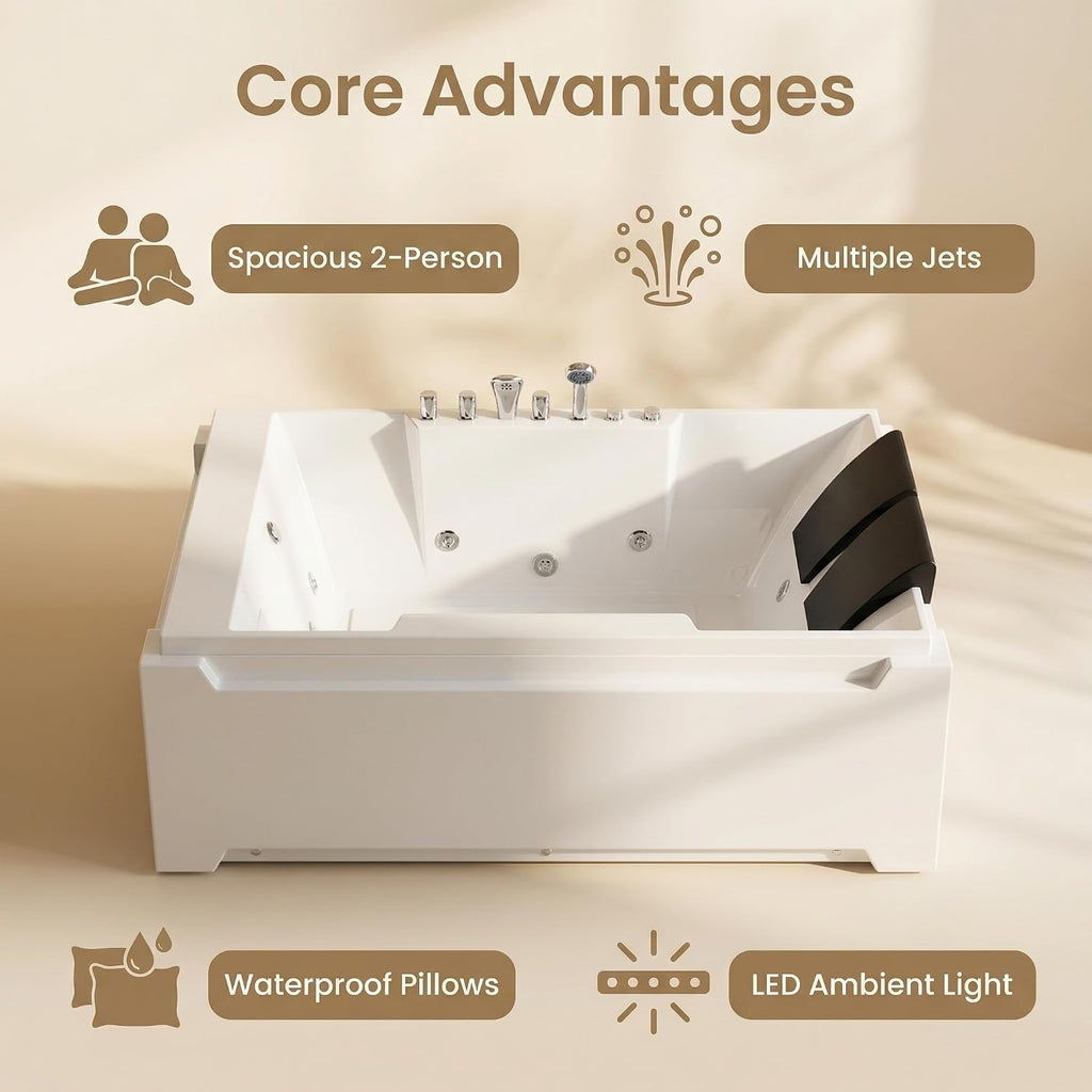 73' x 48' 2-Person Jetted Bathtub Whirlpool Tub Hydro Massage + Chromatherapy, UL & UPC Certified, 3-Sided Apron, 110 Gal Left Drain