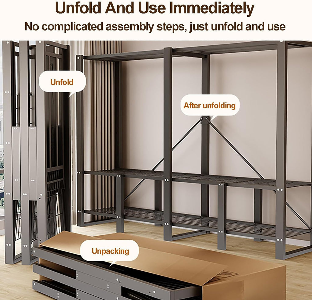 Heavy Duty Portable Wardrobe Closet With Cover, Metal Closet Rack For Hanging Clothes, Portable Foldable Garment Rack, Metal Clothing Organizer For Bedroom(Grey3,170cm/66.9inch)