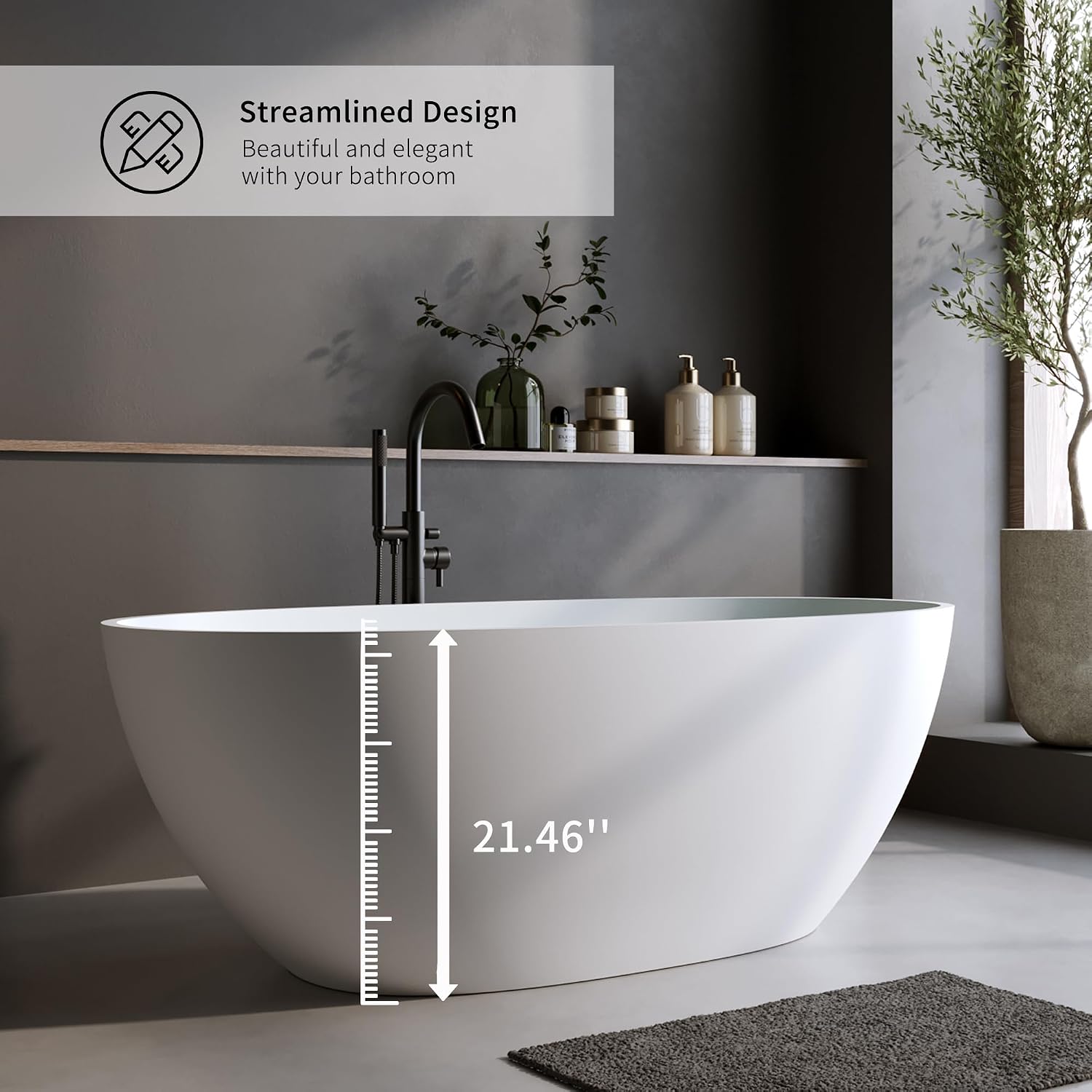 59' Stone Resin Freestanding Bathtub, Oval Shape Solid Surface Bathroom Freestanding Tubs, Stand Alone Soaking Tubs with Integrated Slotted Overflow and Drain, Matte White