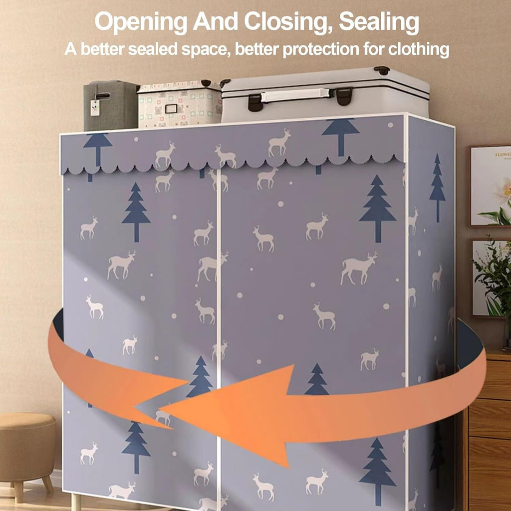 Foldable Wardrobe Closets With Cover, Metal Freestanding Clothing Rack, Portable Garment Rack With Hanging Rods, Quick And Easy To Assembly, For Bedroom(Grid 2,163cm/64.2inch)