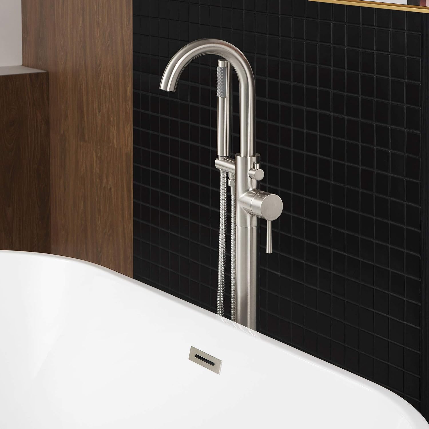 Woodbridge F0001 BN Freestanding Tub Filler Bathtub Brushed Nickel Floor Mount Brass Bathroom Faucets with Hand Shower