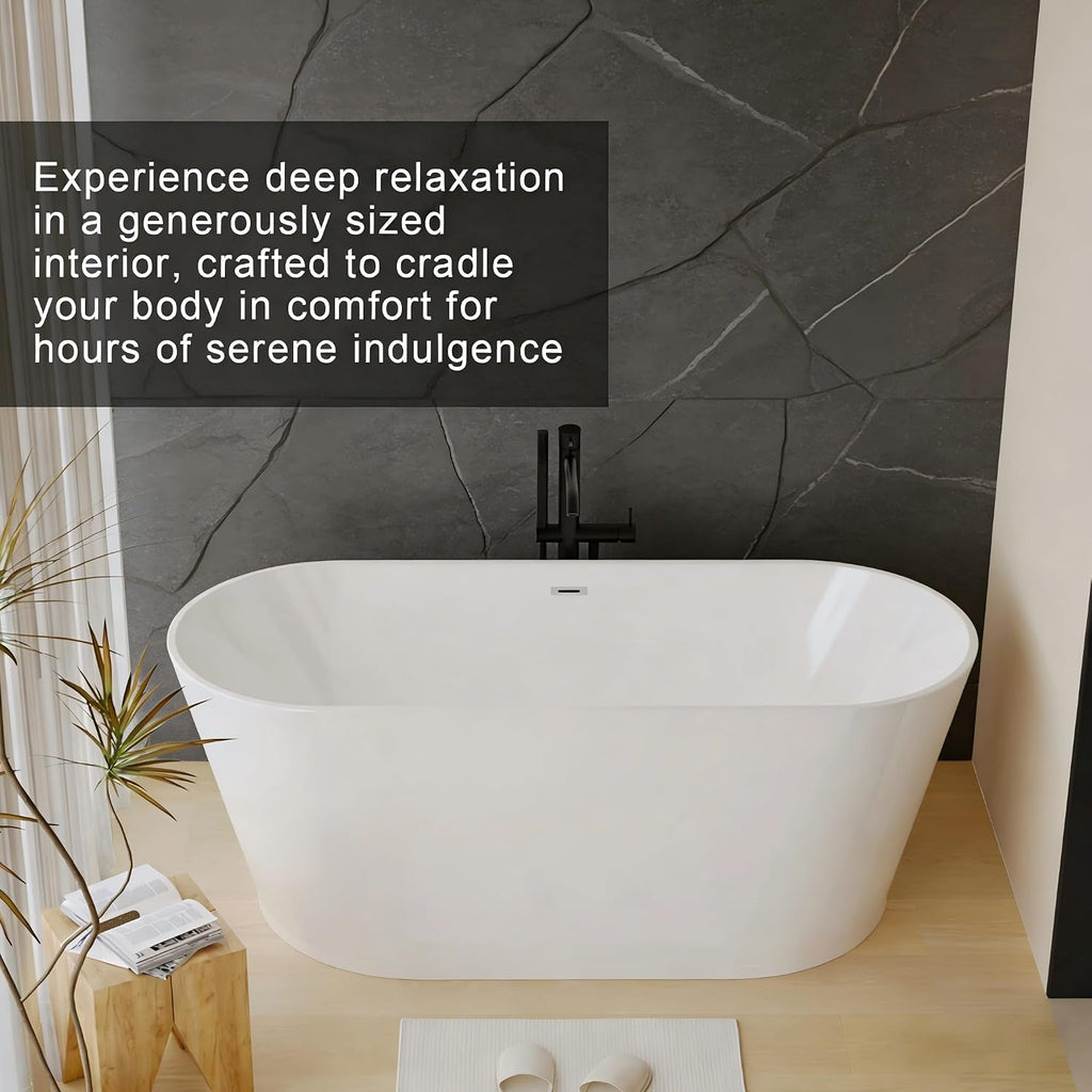 55 Inch Free Standing Bathtub,Made of Pure Acrylic Material with 8 Layers of Reinforced Coating,Cupc Certified,Spacious Ergonomic Design,Modern Luxury Bathtub,White