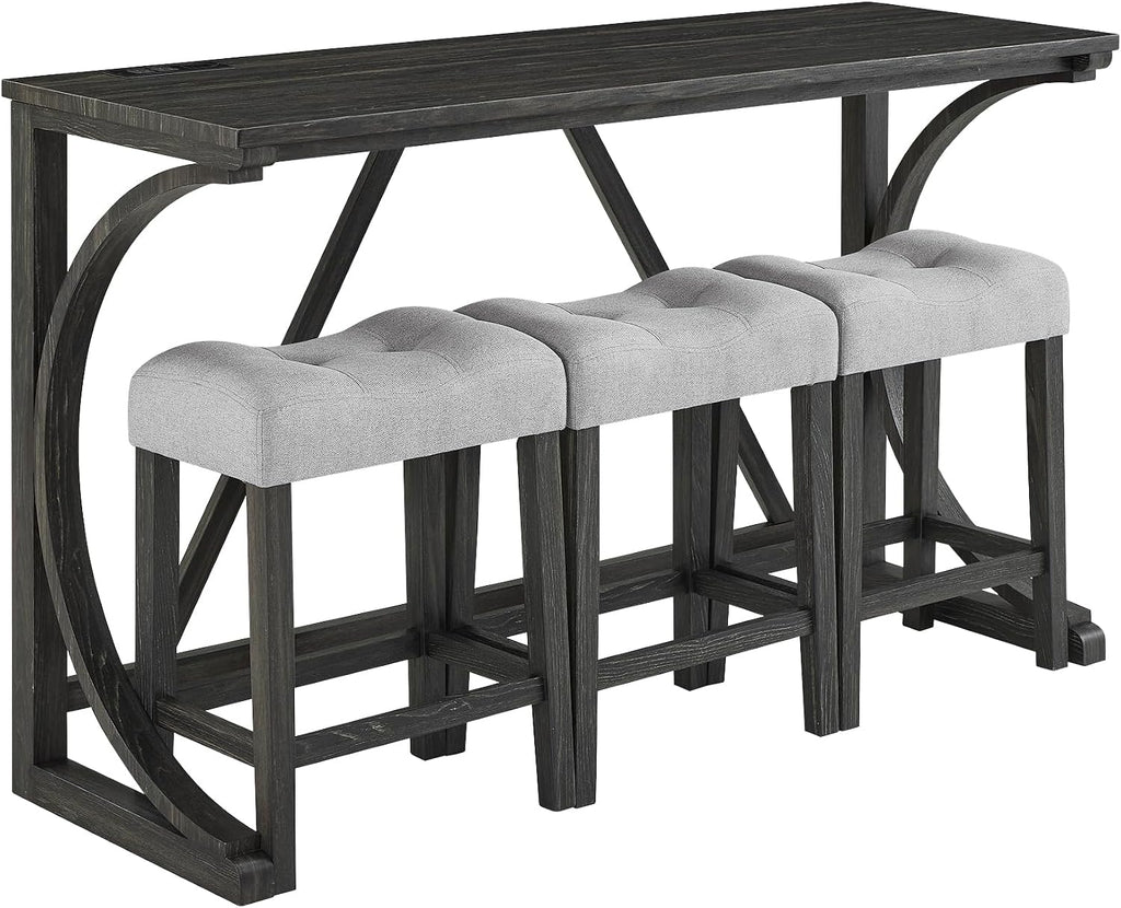 Polibi Farmhouse Counter Height Dining Set - Bar Table and Chairs, Wood Dining Table with Power Outlet and 3 Upholstered Stools for Breakfast Nook, Living Room, Black