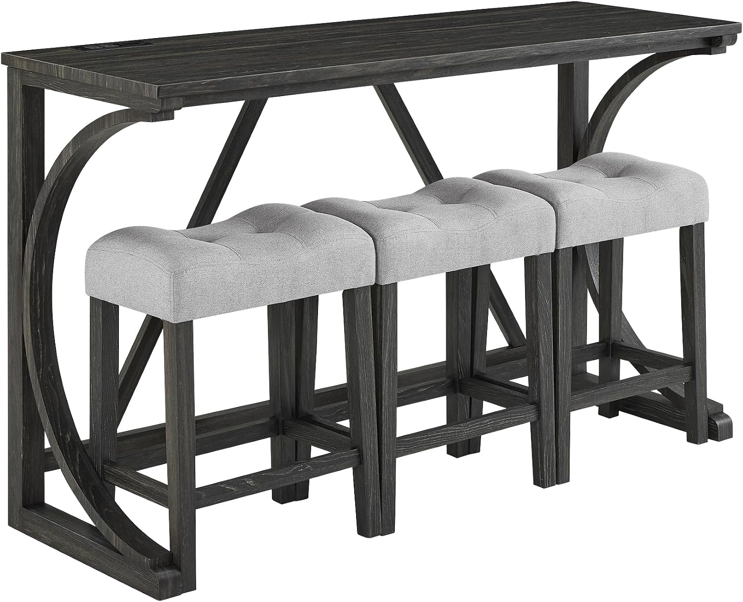 Polibi Farmhouse Counter Height Dining Set - Bar Table and Chairs, Wood Dining Table with Power Outlet and 3 Upholstered Stools for Breakfast Nook, Living Room, Black