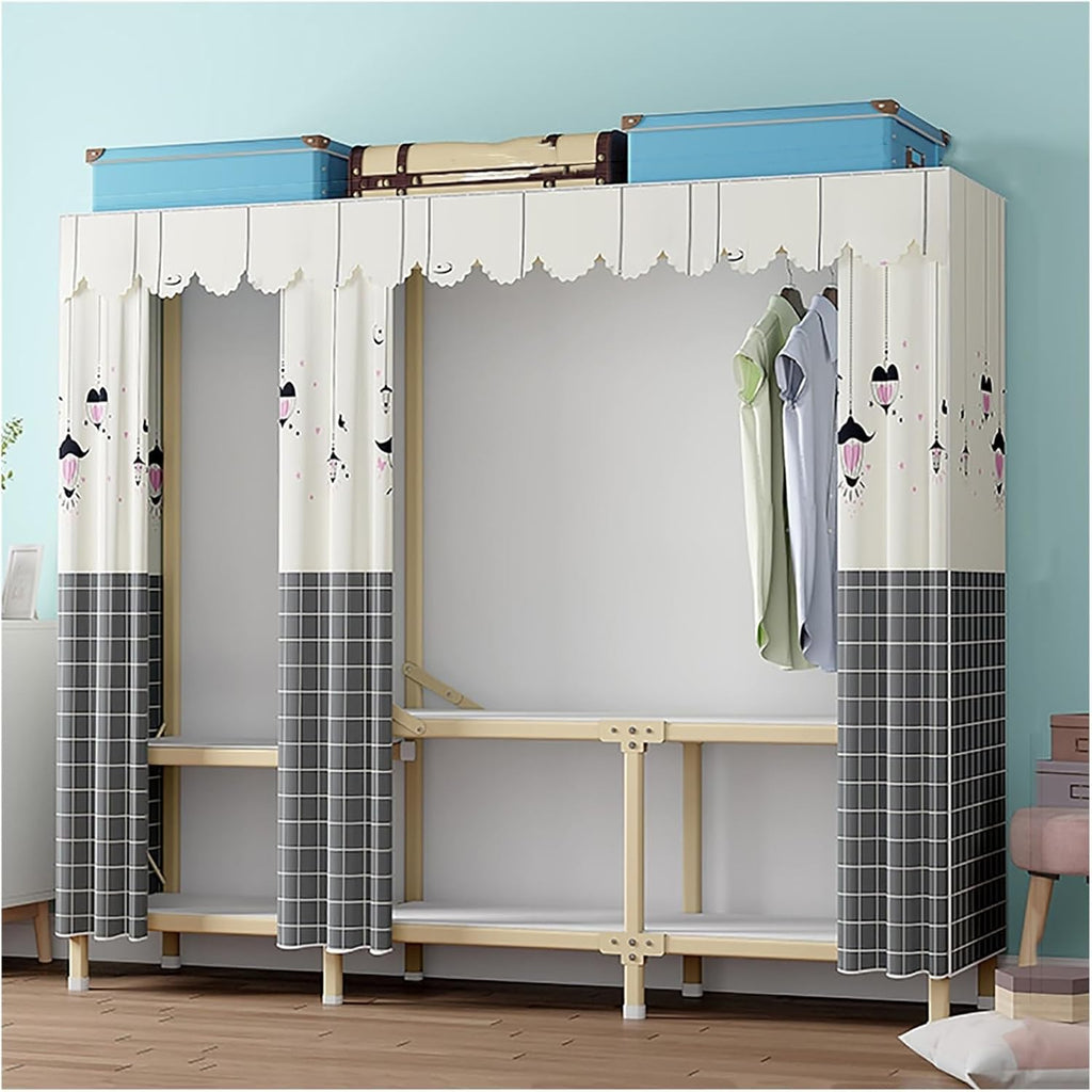 Foldable Wardrobe Closets With Cover, Metal Freestanding Clothing Rack, Portable Garment Rack With Hanging Rods, Quick And Easy To Assembly, For Bedroom(Grid 1,190cm/74.8inch)