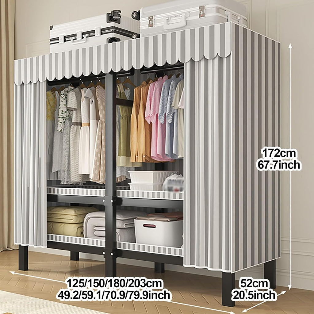 Heavy Duty Wardrobe Closet With Cover, Portable Metal Garment Rack With Hanging Rods, Foldable Clothing Rack For Hanging Clothes, For Bedroom(Grey1,150cm/59.1inch)
