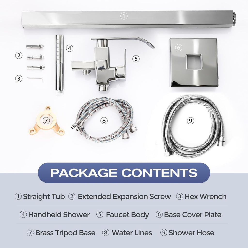 Waterfall Freestanding Bathtub Faucet, Floor Mount Bathroom Tub Filler Shower Faucets with Handheld Sprayer, Chrome