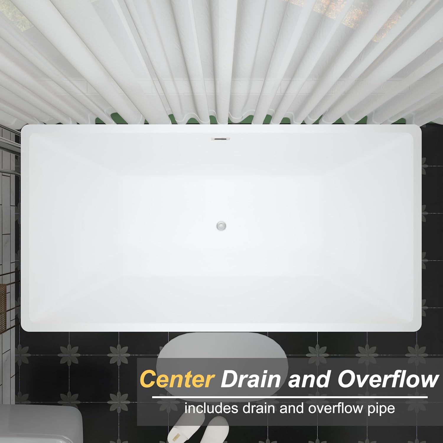 55 inch Square Free Standing Soaking Bathtub, Contemporary Stand Alone Freestanding Acrylic Tub with Center Chrome Drain & Overflow, Glossy White