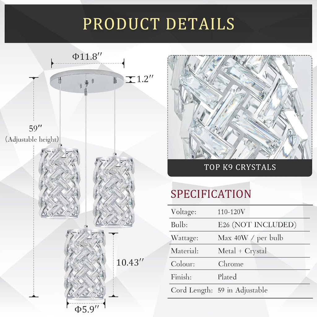 CATINER 3-Light Modern Crystal Pendant Light, Chrome Mini Chandelier – Adjustable Cluster Pendant Lighting Fixture for Kitchen Island, Dining Room, Bedroom, Hallway, Porch