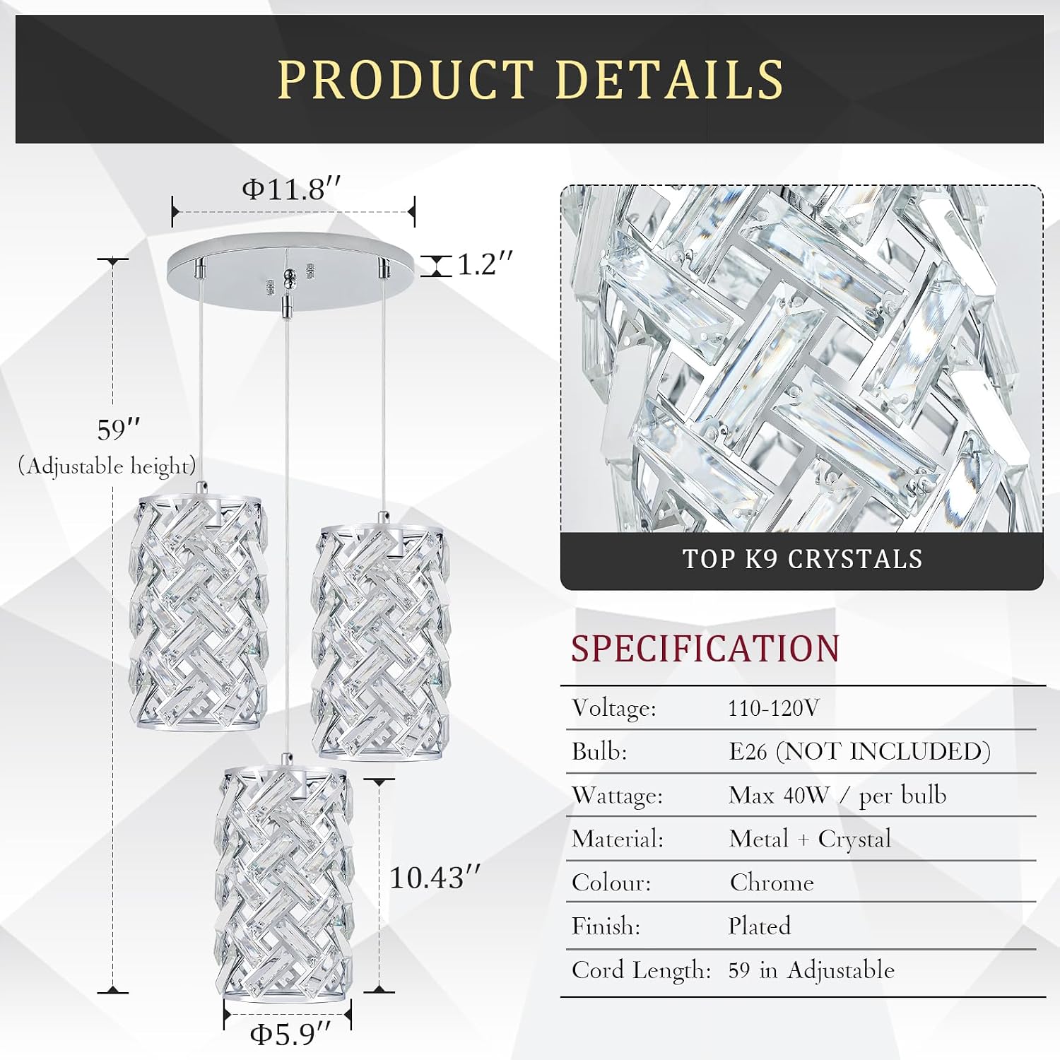 CATINER 3-Light Modern Crystal Pendant Light, Chrome Mini Chandelier – Adjustable Cluster Pendant Lighting Fixture for Kitchen Island, Dining Room, Bedroom, Hallway, Porch
