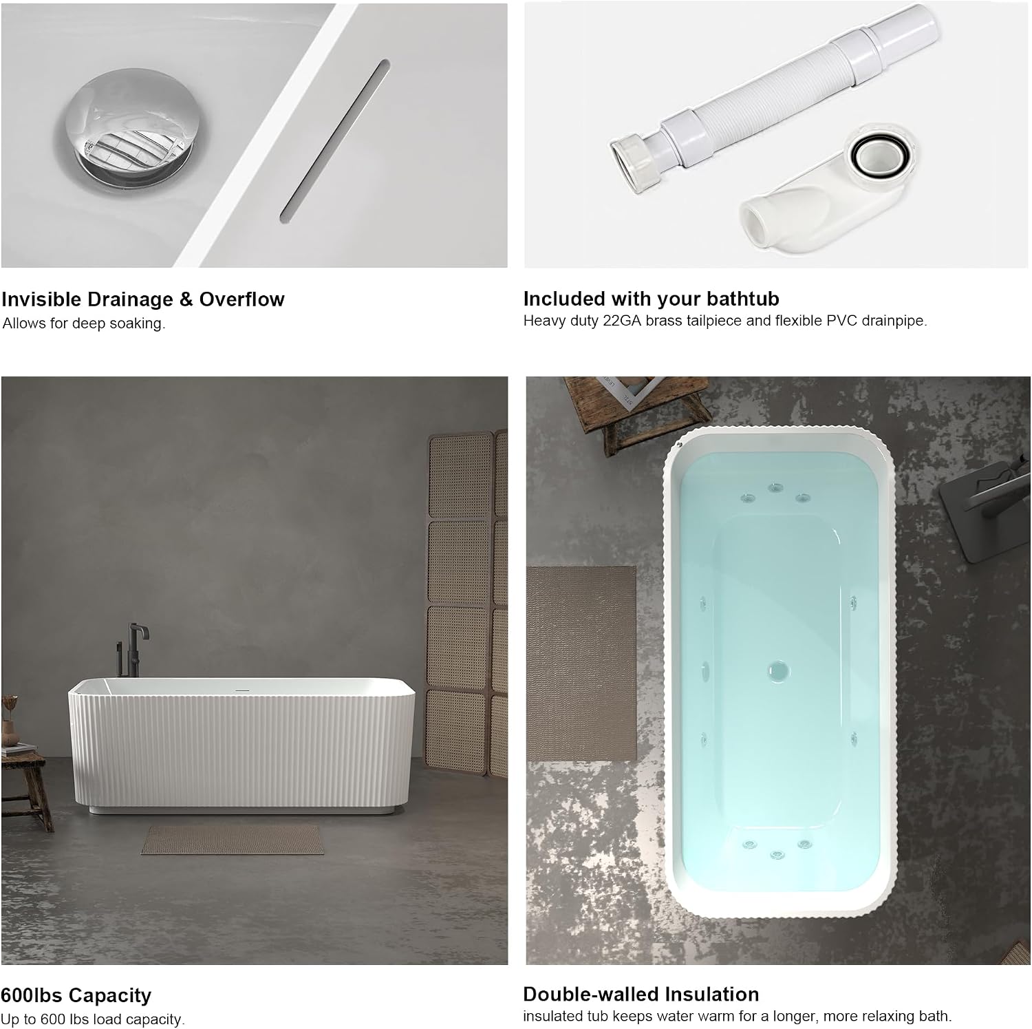 67'Luxury Freestanding Rectangular Massage Bathtub with 10 Hydrotherapy Jets, Glossy White Acrylic, Chrome Pop-up Drain, cUPC Certified,Gloss White