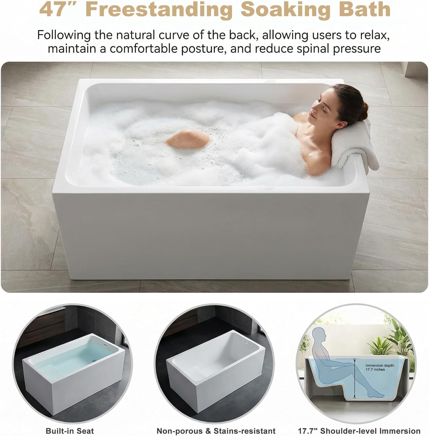 43' Acrylic Freestanding Bathtub with Seat,Deep Bathtub,Rectangle Soaking Tub with Chrome Overflow & Pop-Up Drain, CUPC Certified for Small Bathrooms