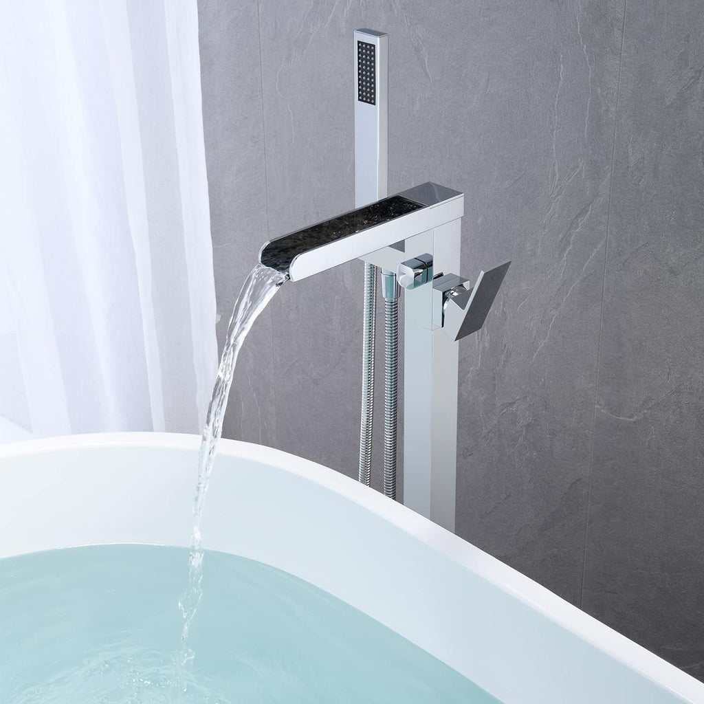 Wowkk Freestanding Tub Filler Waterfall Bathtub Faucet Chrome Floor Mount Brass Single Handle Bathroom Faucets with Hand Shower