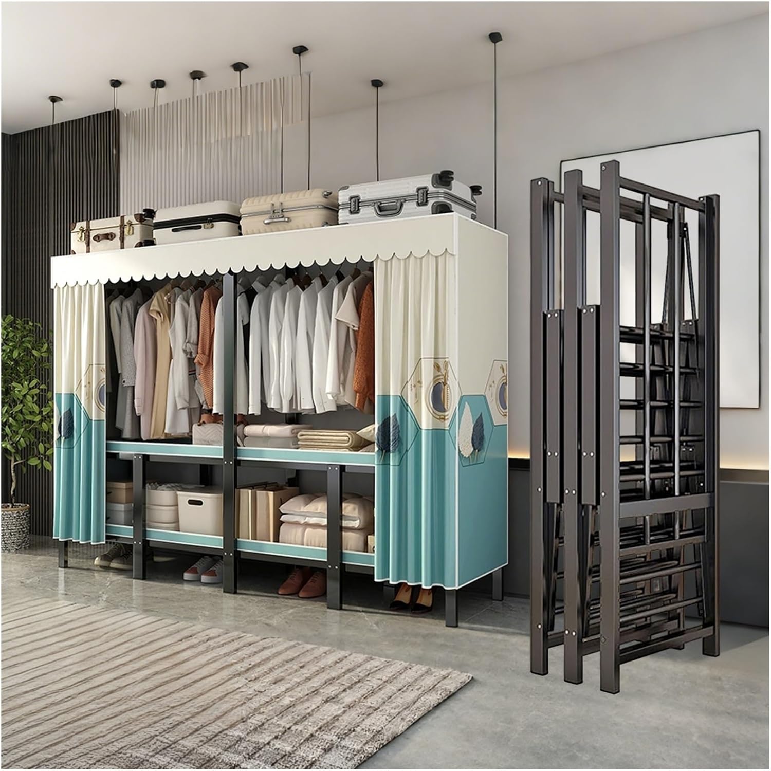Heavy Duty Foldable Portable Wardrobe Closet With Cover, Portable Closet For Bedroom, Metal Garment Rack Closet, Enclosed Curtain For Hanging Clothes(Green,66.9inch)