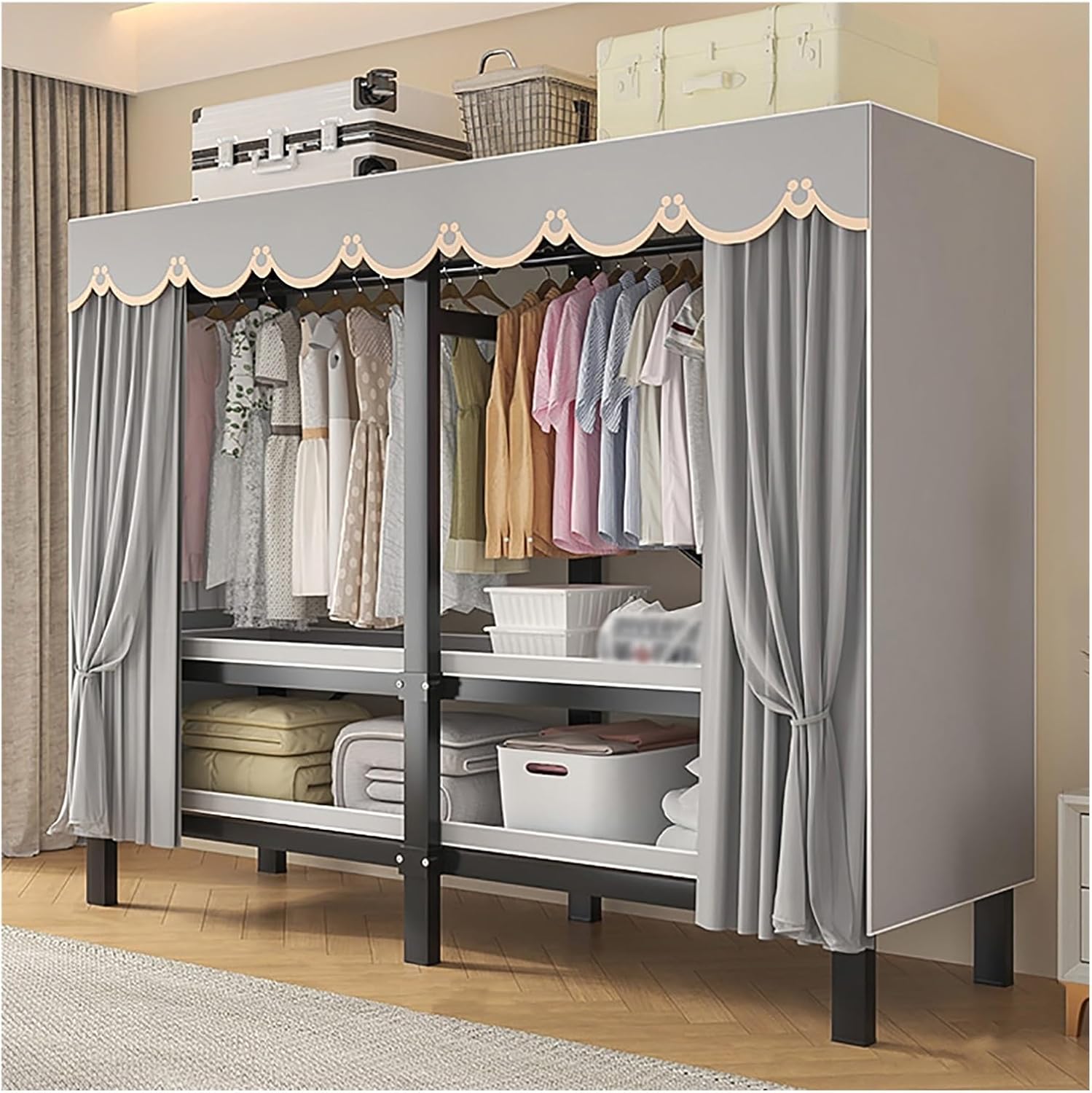 Foldable Wardrobe Closet with Cover, Portable Metal Garment Rack with Hanging Rods, Clothing Rack for Hanging Clothes, Storage Organizer for Bedroom(Grey,152cm/59.8inch)