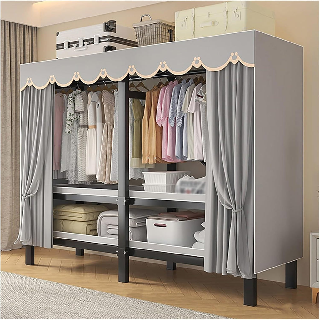 Foldable Wardrobe Closet with Cover, Portable Metal Garment Rack with Hanging Rods, Clothing Rack for Hanging Clothes, Storage Organizer for Bedroom(Grey,127cm/50inch)