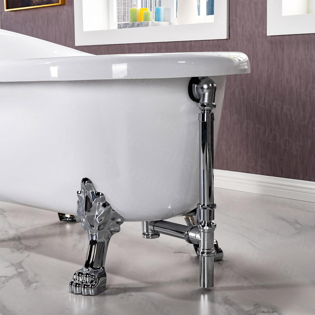 WOODBRIDGE 59' Heavy Duty Acrylic Slipper Clawfoot Bath Tub with Chrome Feet + Chrome Drain &Overflow
