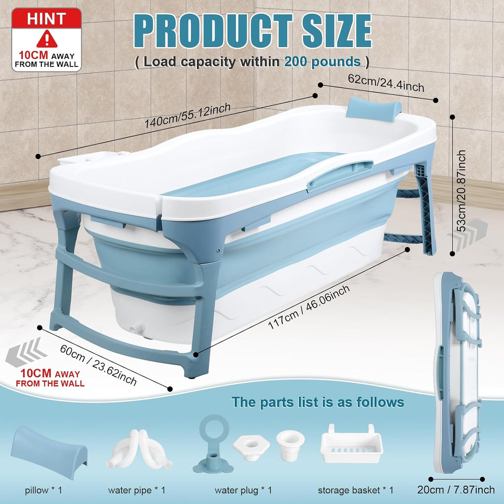 Portable Bathtub Portable Tub for Adults, 56' Foldable Bathtub for Adults Free Standing Tub for Shower, Ice Bath, Sitz Bath, Freestanding Bathtubs with Neck Pillow Blue