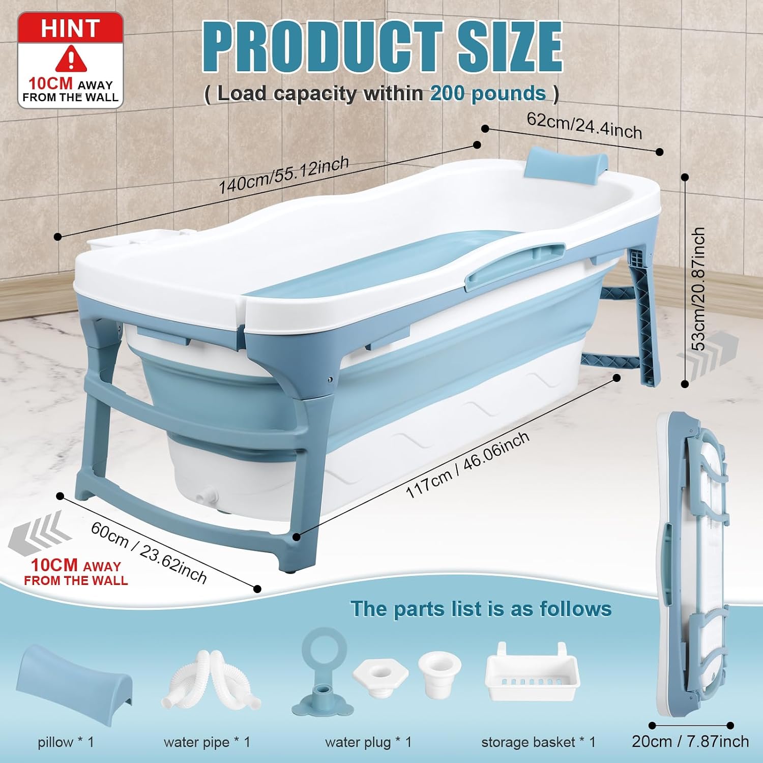 Portable Bathtub Portable Tub for Adults, 56' Foldable Bathtub for Adults Free Standing Tub for Shower, Ice Bath, Sitz Bath, Freestanding Bathtubs with Neck Pillow Blue
