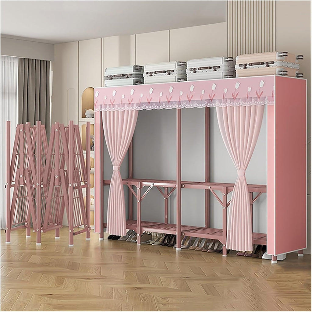 Portable Wardrobe Closet With Cover, Metal Freestanding Clothing Rack For Hanging Clothes, Wardrobe With Alloy Steel Connectors, Garment Rack For Bedroom, Dorm(Pink1,150x170x45cm)