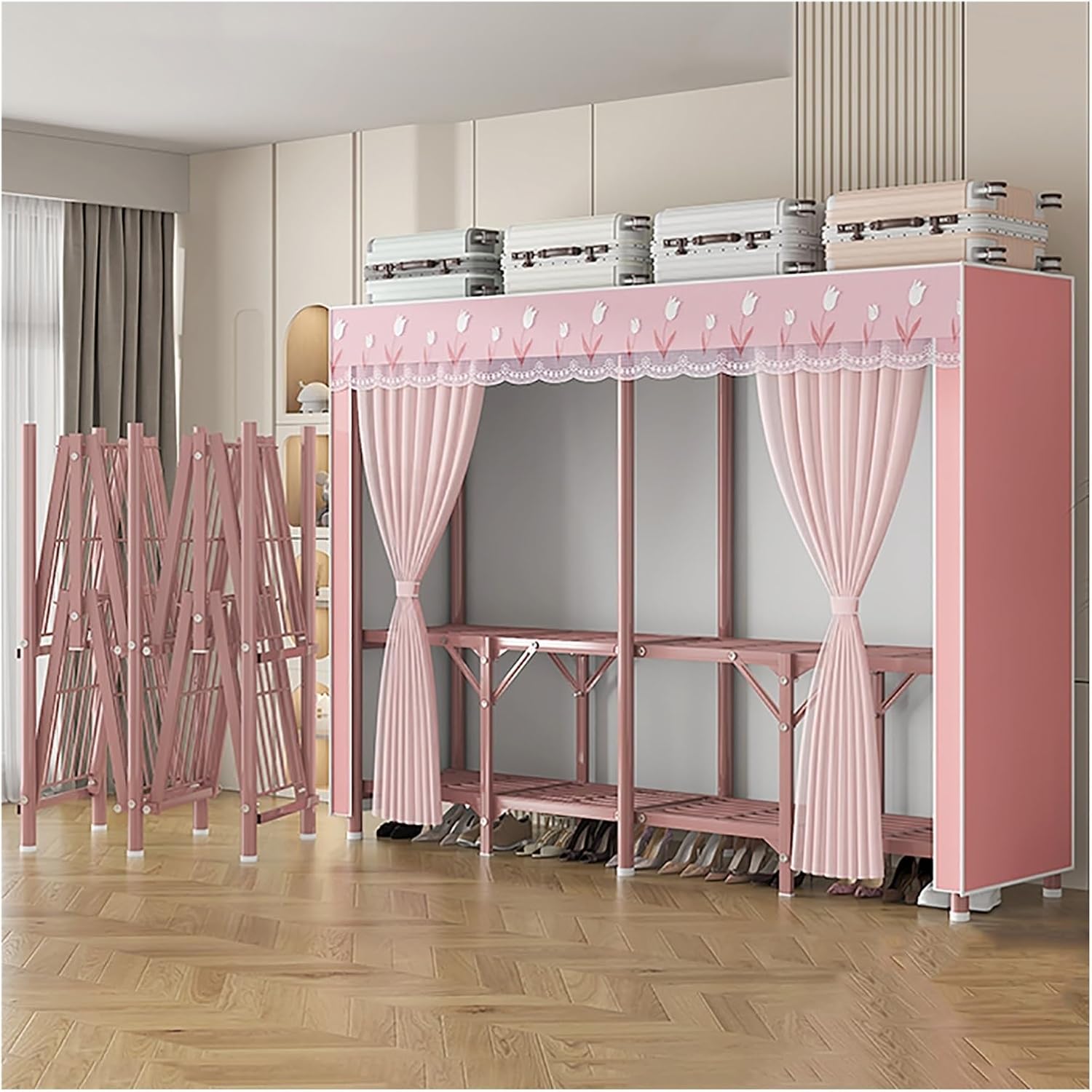 Portable Wardrobe Closet With Cover, Metal Freestanding Clothing Rack For Hanging Clothes, Wardrobe With Alloy Steel Connectors, Garment Rack For Bedroom, Dorm(Pink1,150x170x45cm)