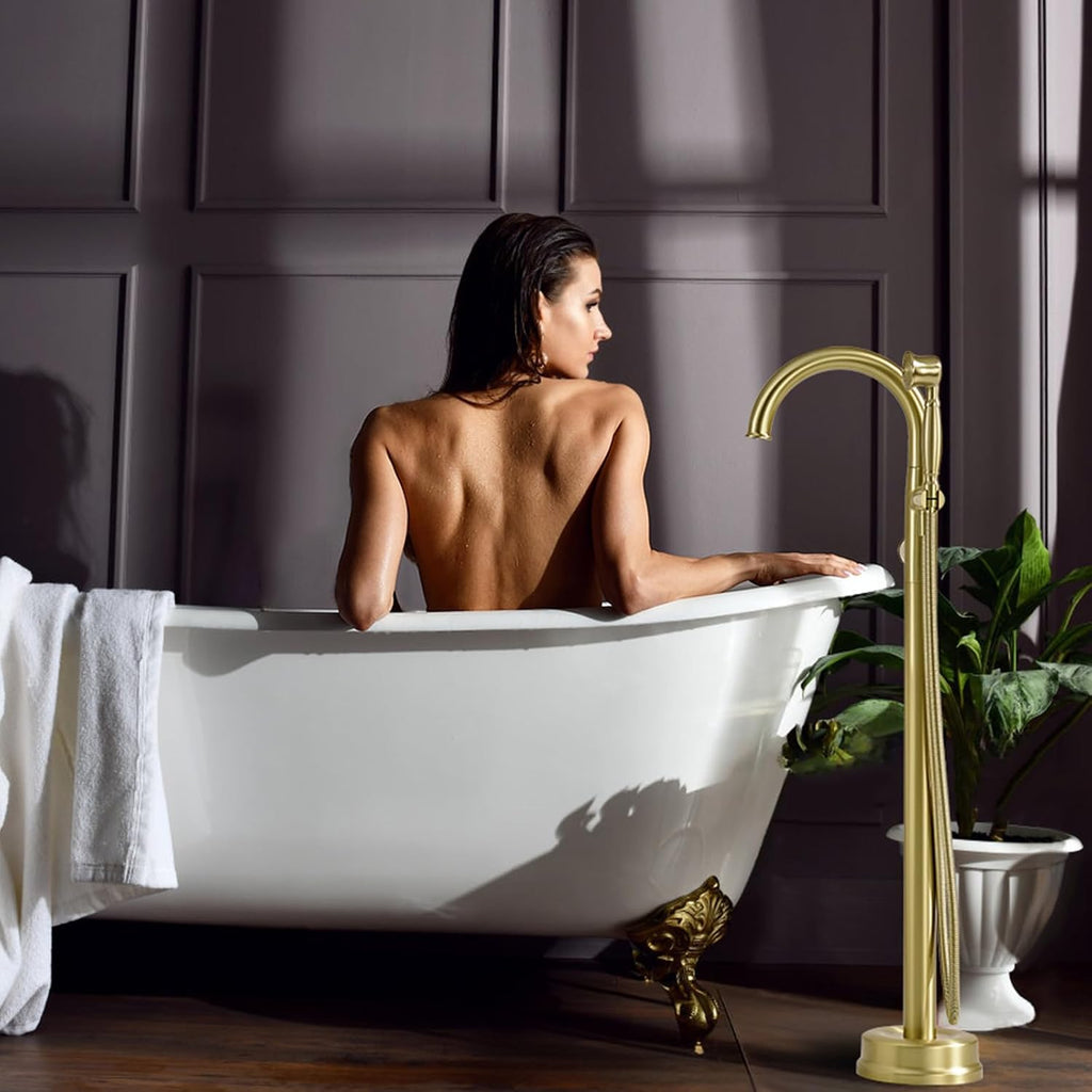 Freestanding Tub Faucets, Brass Freestanding Bathtub Faucet with Hand Shower, Floor Mount Tub Filler with Sprayer Brushed Light Gold（WT-9811BG03）