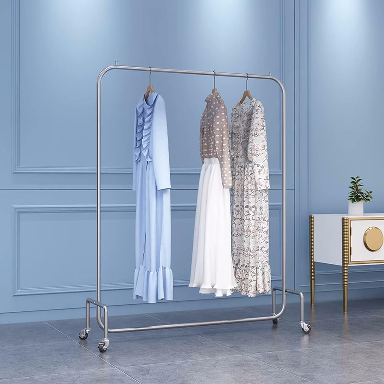 Heavy duty Garment rack Silver Stainless Steel Clothing Rack On Wheels Heavy Duty Clothes Rails For Bedrooms And Laundry Rooms Freestanding Hanger Single Rod Coat Rack Stand Holds 100 Kg ( 120X40X150