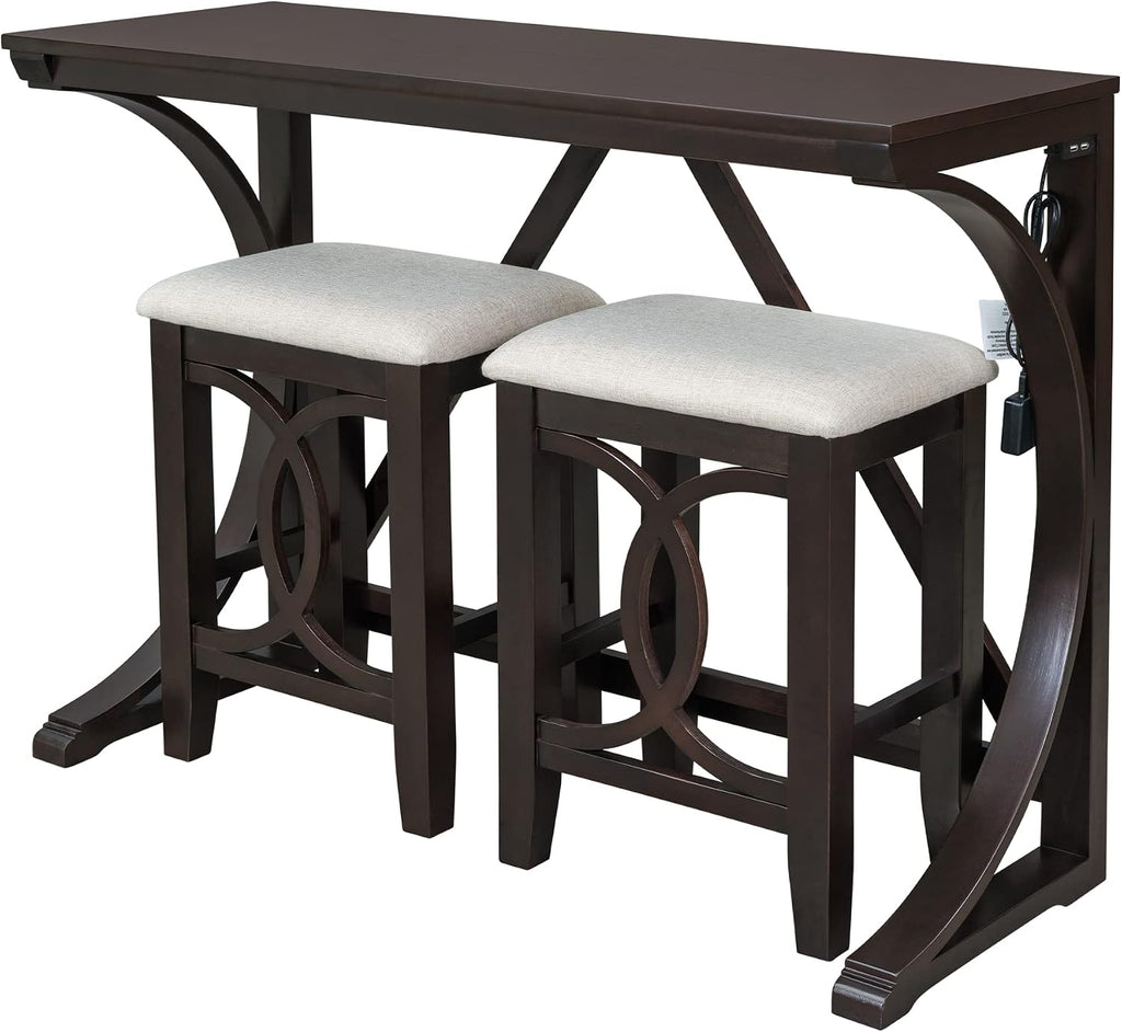 Polibi 3-Piece Farmhouse Counter Height Dining Set, Wood Kitchen Dining Table Set with USB Port and 2 Upholstered Stools for Small Places (Espresso)