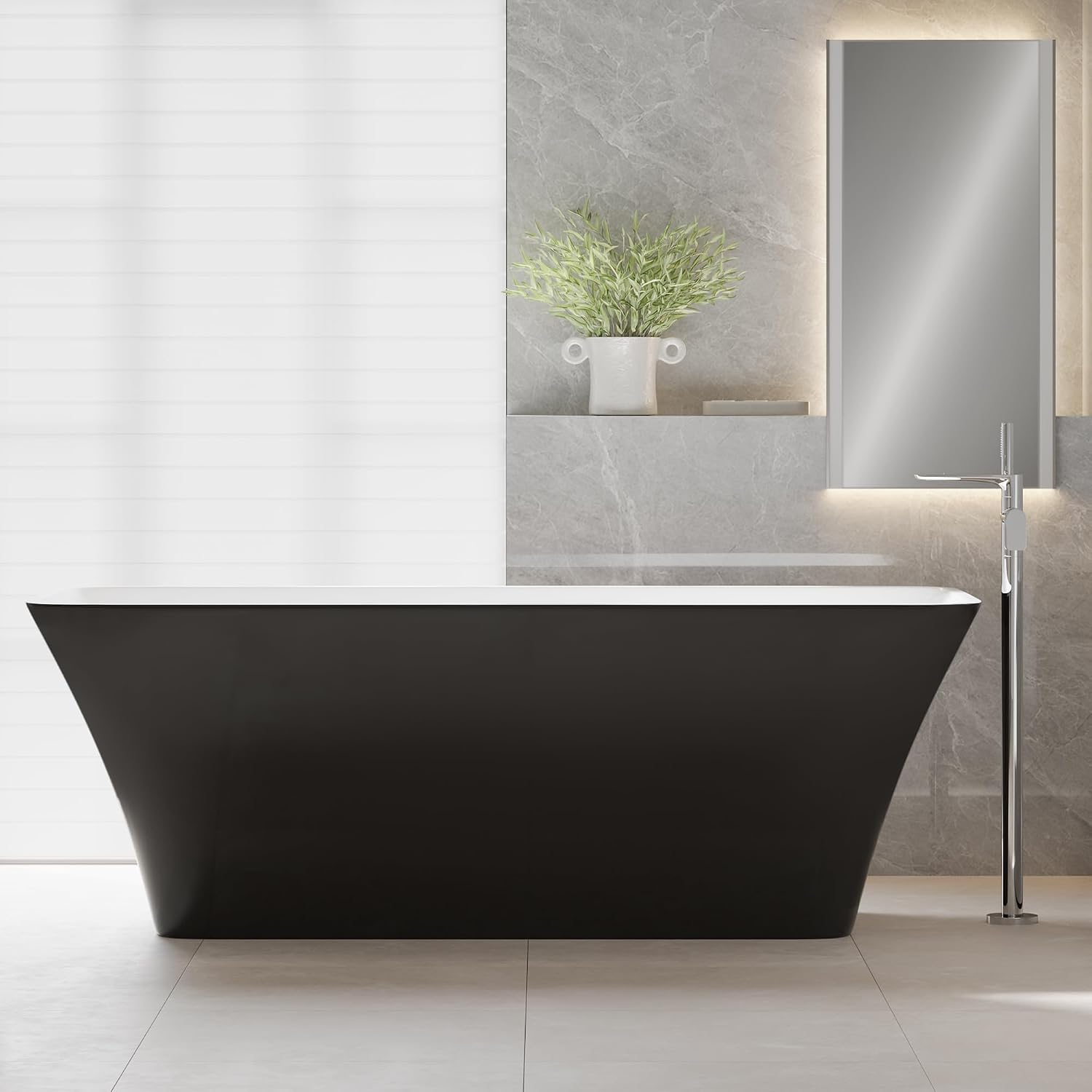 Freestanding Bathtubs 67 Inch, Extra Large Freestanding Bathtub, Acrylic Stand Alone Tub with Chrome Drain, Black Exterior White Interior Oval Soaking Tub for Bathroom or Guest Use