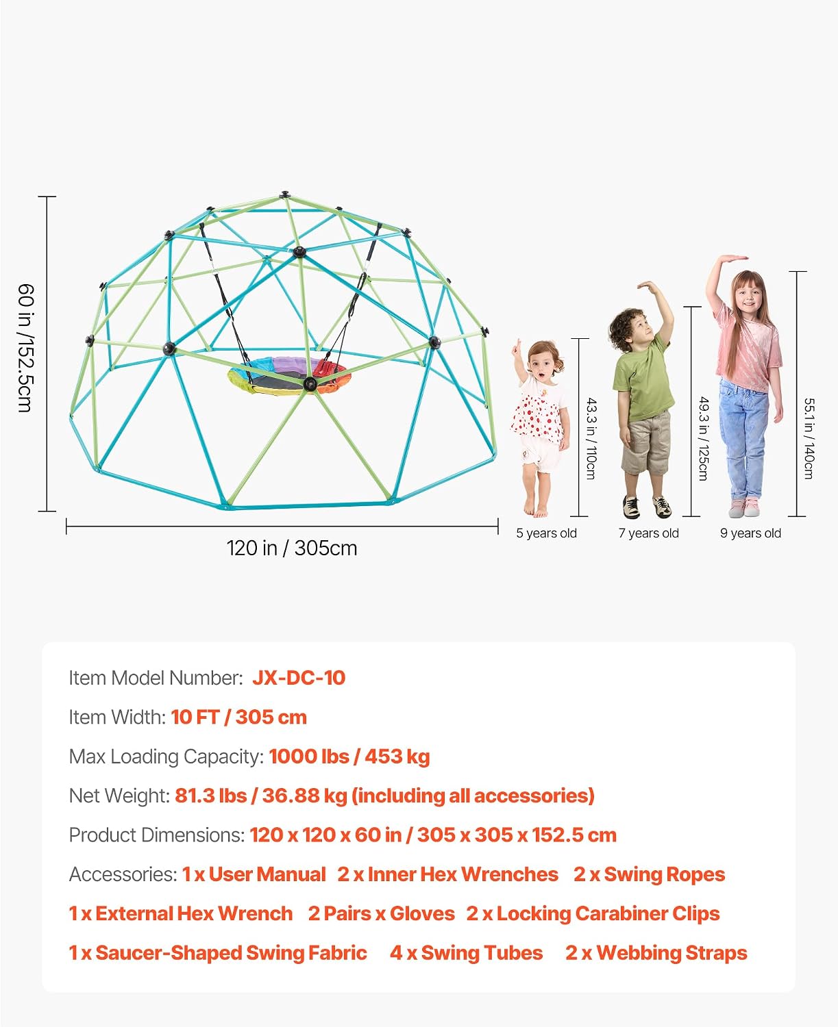 VEVOR Climbing Dome, 10FT Geometric Dome Climber with Saucer Swing, 1000LBS Loading Kid's Jungle Gym Playground, Easy-Assembly Outdoor Backyard Climbing Equipment for Boys Girls 3 to 10 Years Old