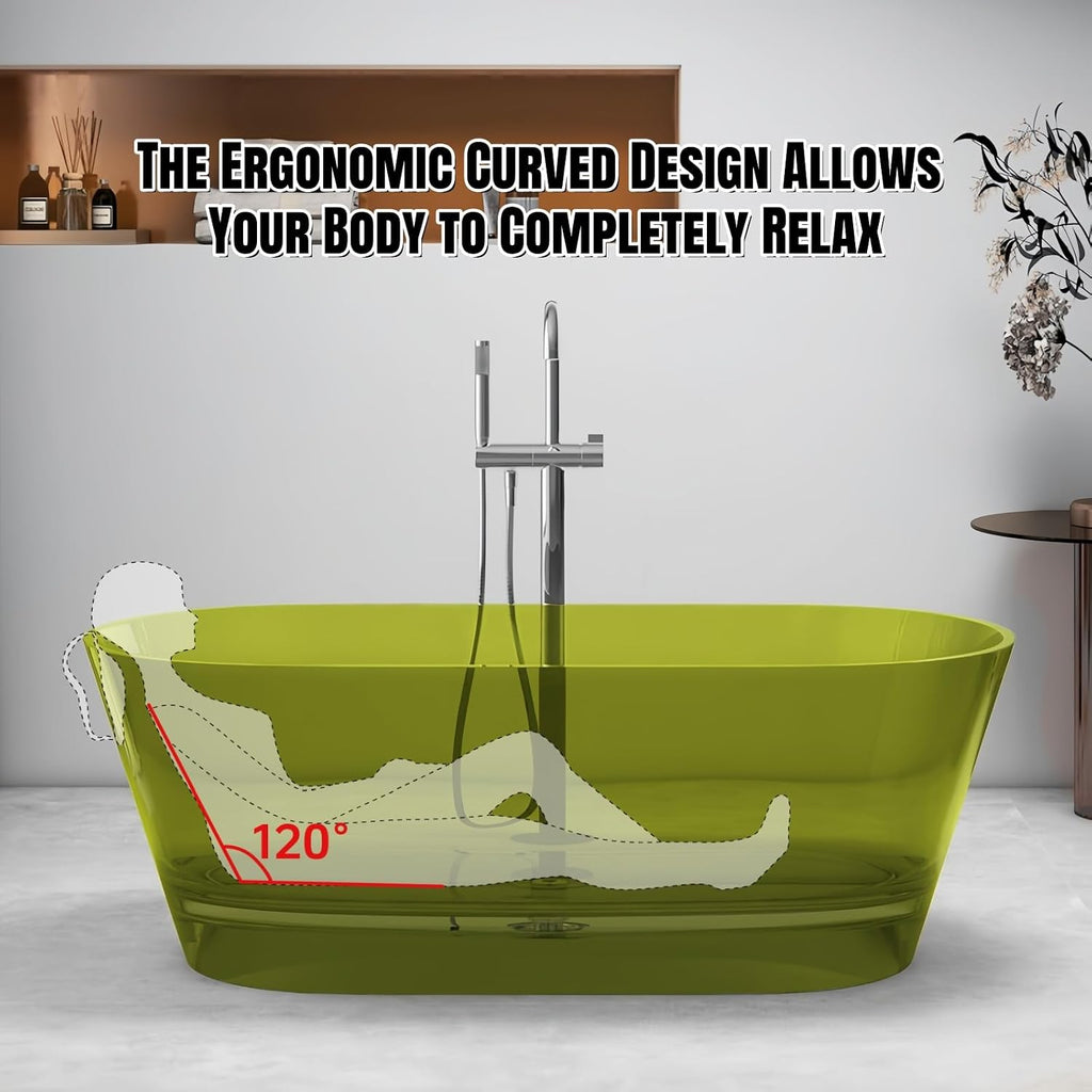 55' Edeyeu Freestanding Bathtub - Luxury Natural Resin Solid Surface Bathtub, Extra Deep Soaking Tub With Artistic Translucent Design, High-End Stand Alone Free Standing Tub Blue C