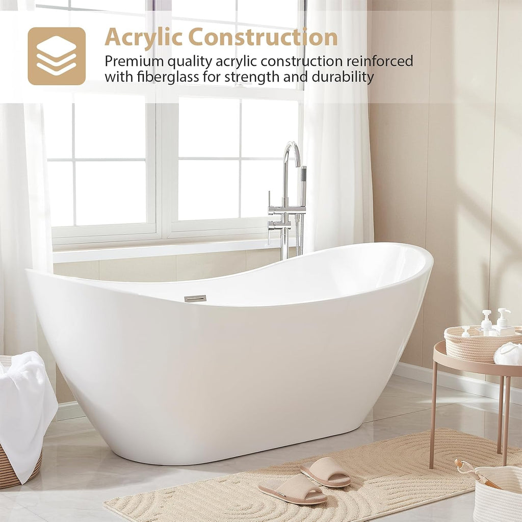 Vanity Art 71' Freestanding Bathtub | Free Standing Tub Stand Alone Tub with Contemporary Design for Soaking and Bathing, Overflow and Pop-up Drain with UPC Certified, Acrylic, VA6517-BN
