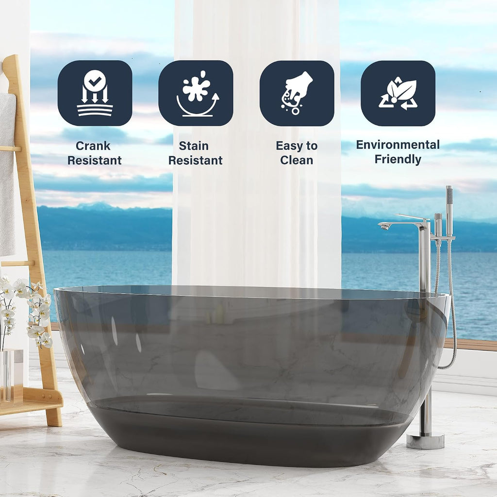 CASAINC 59' Resin Freestanding Bathtub Transparent Soaking Tub Modern Oval Design Stand Alone Tub with Pop-up Drain, 65.52 Gallons Water Storage Capacity 410 MM Soaking Depth, Transparent Ash Gray