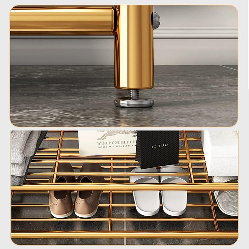 Metal Clothes Rod Rack with Shoe Bench, Coat Stand with Top Rod and Bottom Shelf, Freestanding Garment Rack for Bedroom