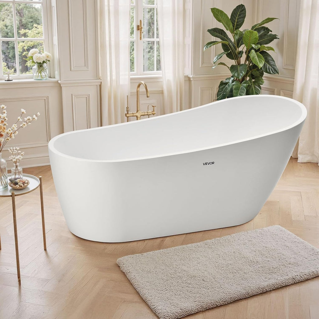 VEVOR Acrylic Freestanding Bathtub, 67 Inch Contemporary Soaking White Tub with Brushed Nickel Overflow and Drain, Elegant Oval Shape Stand Alone Soaker Bathtub for Modern Bathroom or Remodel Project