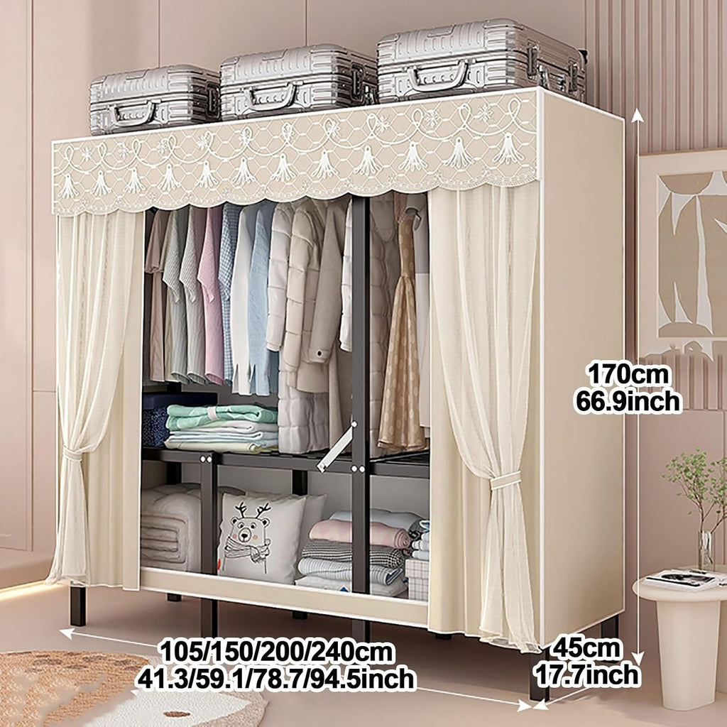 Foldable Portable Wardrobe Closet With Cover, Coat Storage Garment Racks, Metal Clothing Rack For Hanging Clothes, Metal Clothes Rack For Bedroom, Dorm(Pink,200x170x45cm)