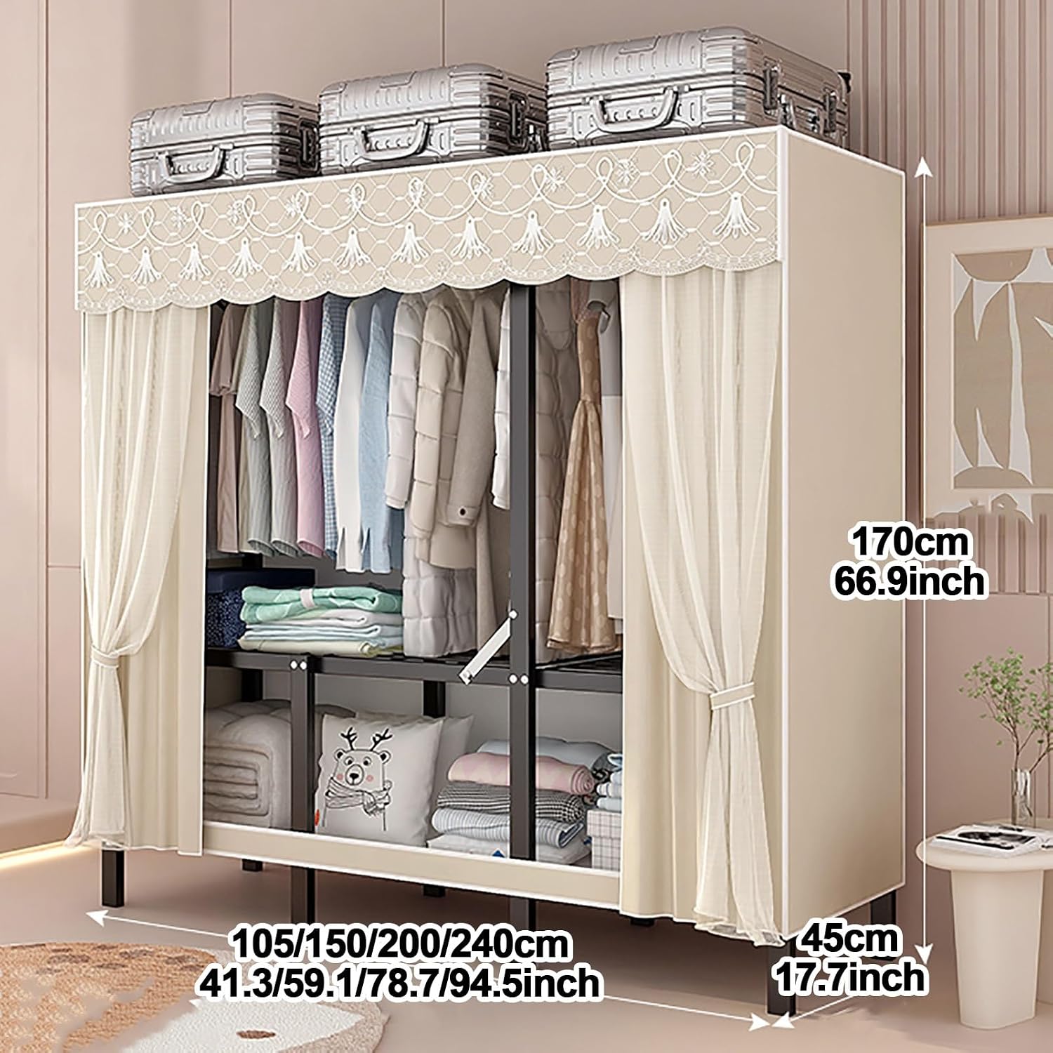 Foldable Portable Wardrobe Closet With Cover, Coat Storage Garment Racks, Metal Clothing Rack For Hanging Clothes, Metal Clothes Rack For Bedroom, Dorm(Pink,105x170x45cm)