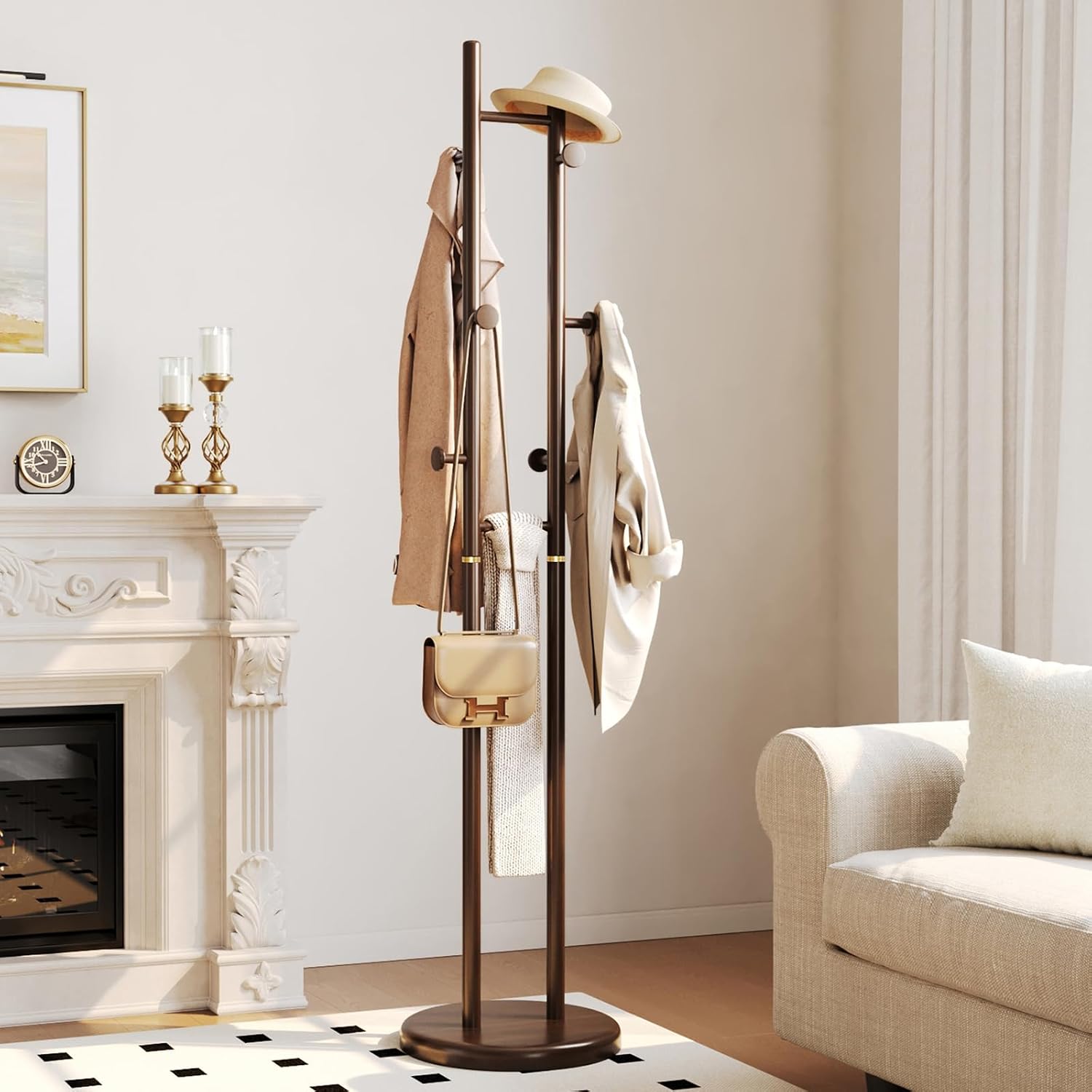 CozyDH Coat Rack Wooden Freestanding - Wood Coat Rack Freestanding Heavy Duty, Wooden Coat Stand with 6 Hooks Creative Look for Entryway, Hallway, Bedroom (Dark Walnut)