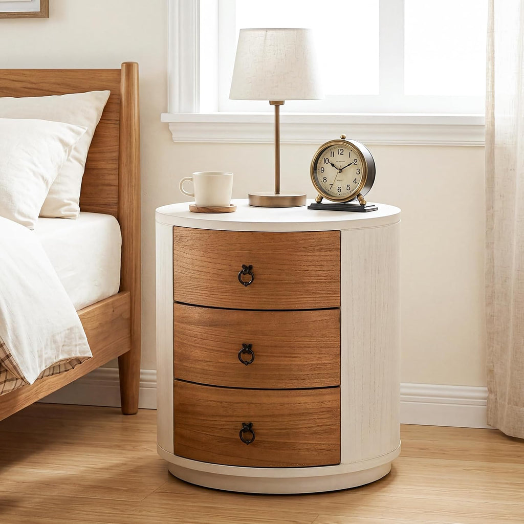 HOMPUS Fully Assembled Round Nightstand, 3 Drawer Chest of Drawers, Wood Rustic Farmhouse Dresser, Retro Modern Night Stand, Wood Rustic Farmhouse Dresser with Drawers for Bedroom, Brown + White