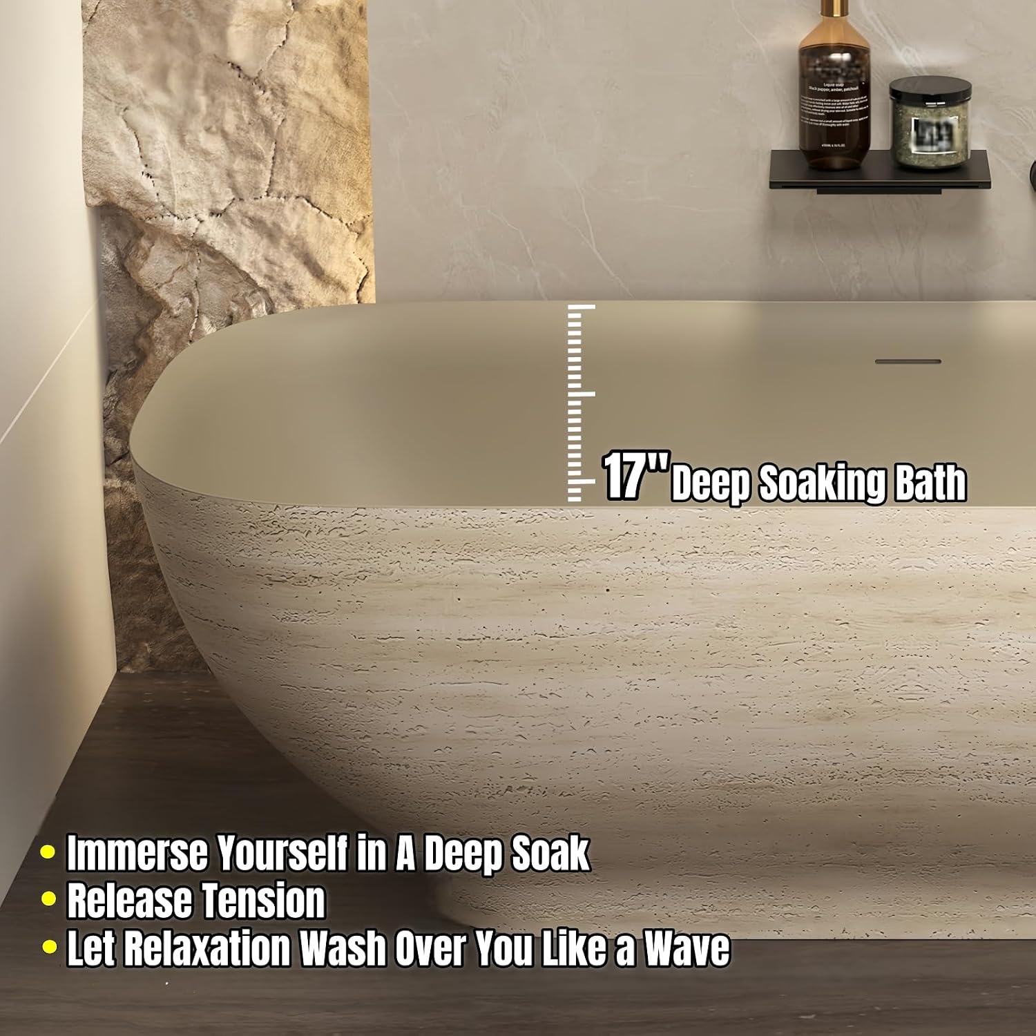 64' Edeyeu Freestanding Bathtub - Extra Deep Soaking Tub, Premium Solid Surface Bathtub for Spa-Level Comfort, Durable Free Standing Bathtub for Modern Bathroom Relaxation Style A