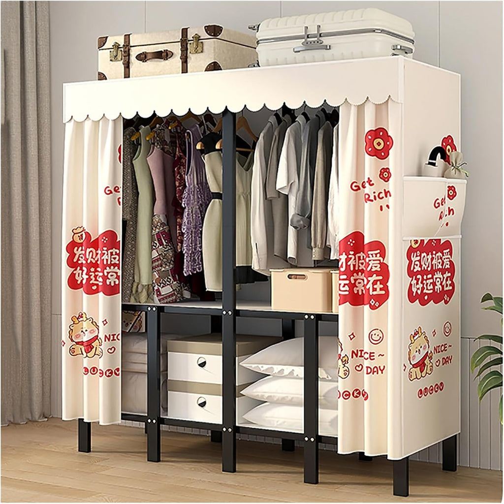 Portable Closet Wardrobe With Hanging Rods, Metal Closet Rack For Hanging Clothes, Clothing Rack With Cover, Metal Garment Racks Organizer For Bedroom(White1,130cm/51.2inch)