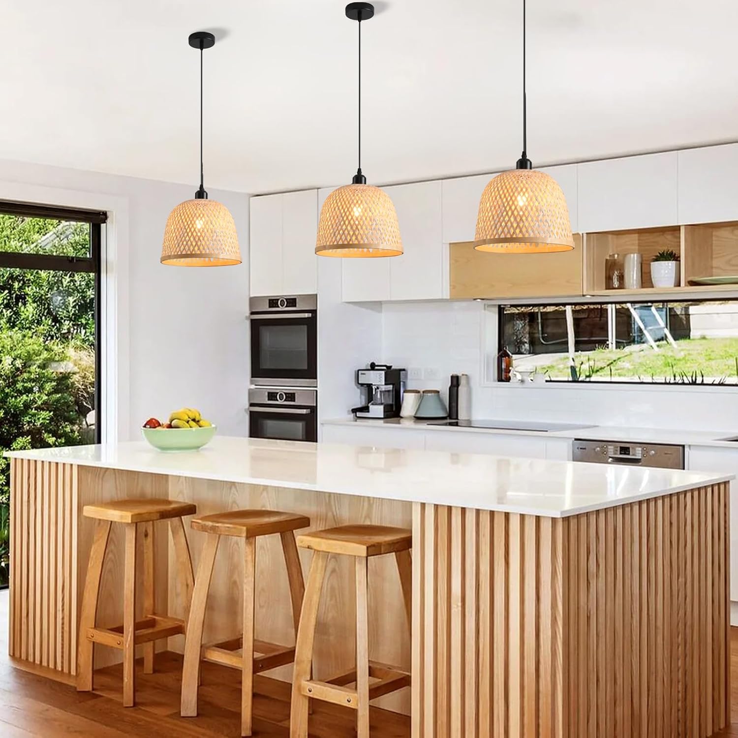 Bamboo Pendant Light 11.02' Hand Woven Bamboo Chandelier,3-Pack Rattan Ceiling Hanging Light,for Living Room Kitchen Dining Room Farmhouse
