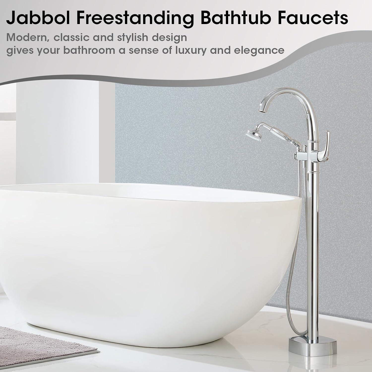 Free Standing Tub Faucet, Jabbol Luxury Freestanding Bathtub Faucet with Sprayer, Brass Bathroom Floor Mount Tub Filler, Polished Chrome (JB-8811CP)