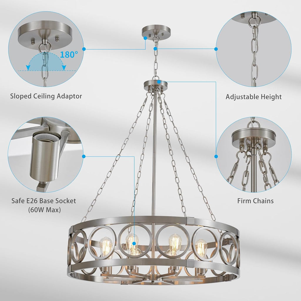 XINGQI 32.3' Large Brushed Nickel Drum Chandelier Modern 8-Light Rustic Farmhouse Round Pendant Lighting Fixture for Dining Room Living Room Office Kitchen Island